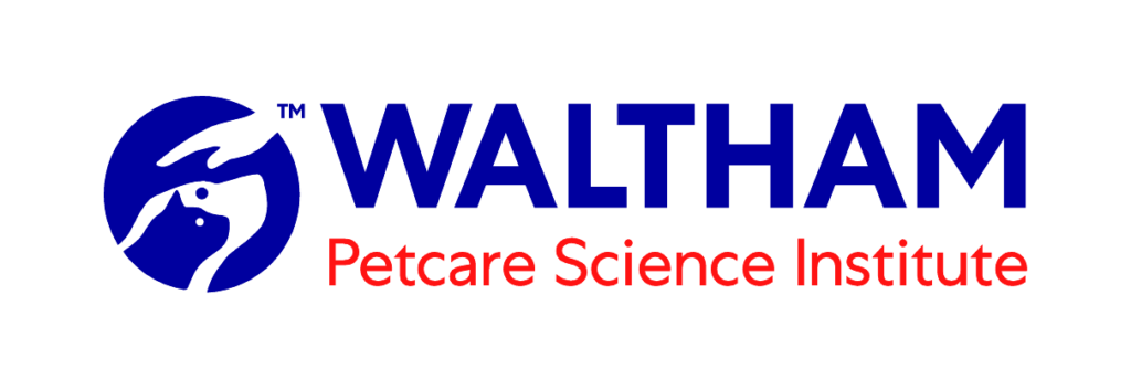 WALTHAM Petcare Science Institute logo with a blue emblem of a hand petting an animal, and text 'WALTHAM' in blue and 'Petcare Science Institute' in red on a black background.