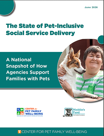 Cover of 'The State of Pet-Inclusive Social Service Delivery' report, showing a smiling woman holding a white and brown dog.