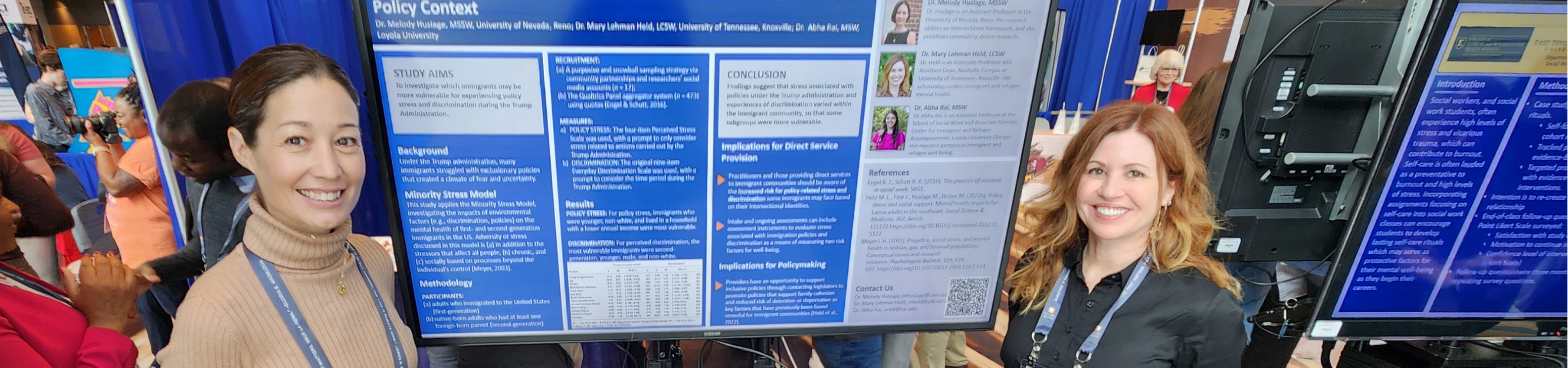 a csw faculty member and PhD student presenting a social work research poster as CSWE 2023