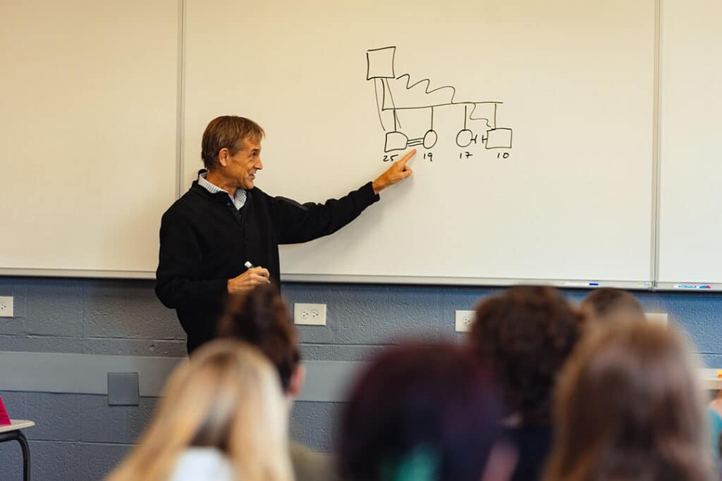 An instructor pointing to an equation on a whiteboard, with student heads in foreground