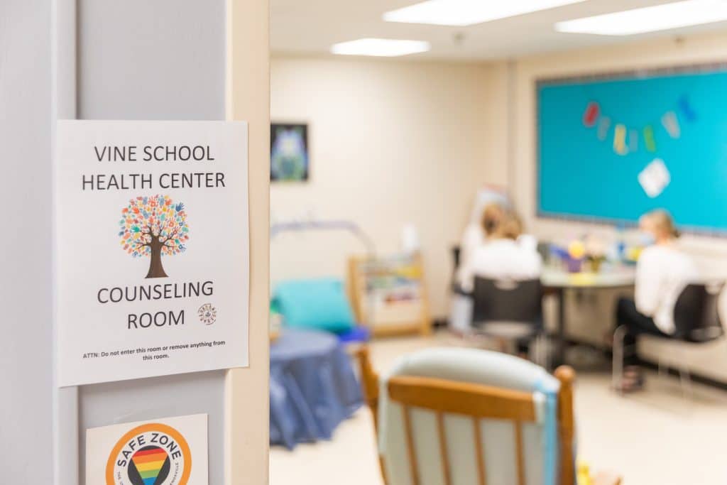 A wide angle shot of the Vine School Health Center counseling room