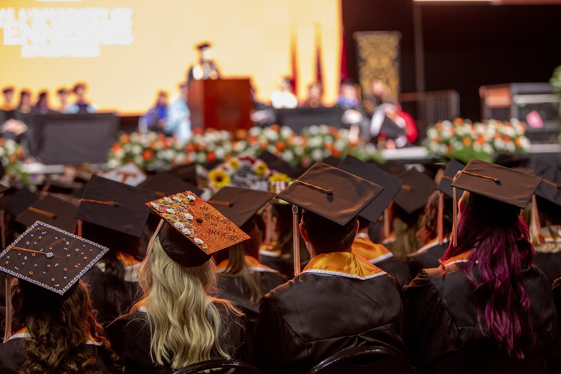 social work graduates at graduation in cap and gown listening to a presenter