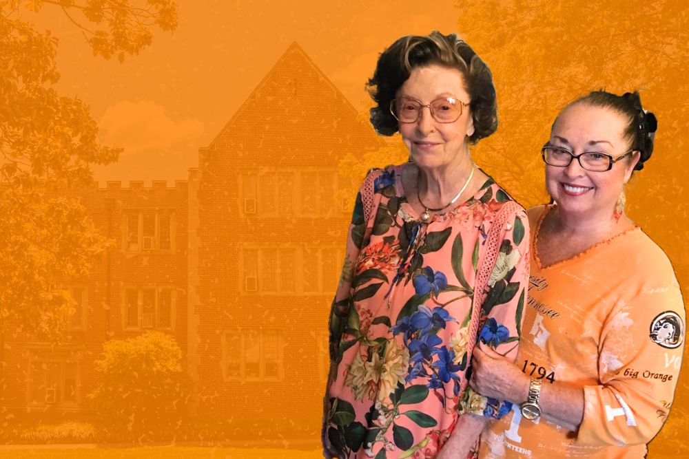 A younger woman and an older woman standing back to back in foreground, with orange masked image of campus building in background