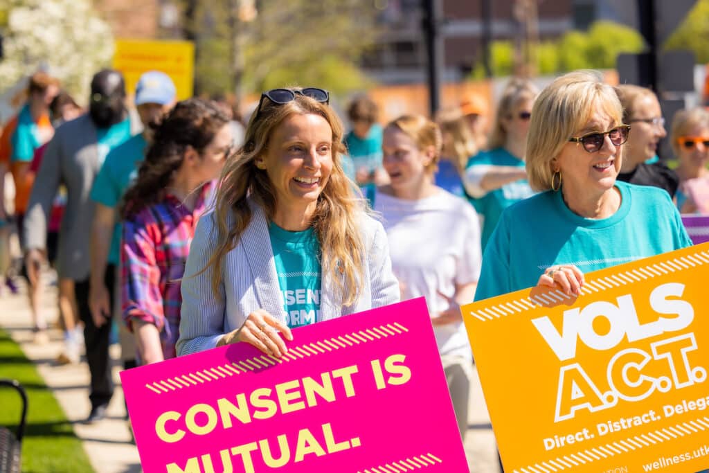 Ashley Blamey, Title IX coordinator, and Chancellor Donde Plowman walks with students and staff across campus to raise awareness for Sexual Assault Awareness Month (SAAM) during “Vols Walk for SAAM” event hosted by Center for Health Education and Wellness (CHEW)