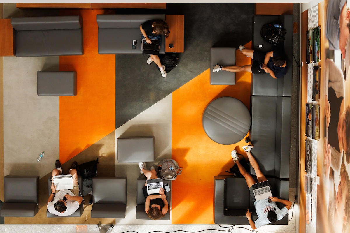 A top down view as students study inside the Student Union during the first day of Fall semester classes