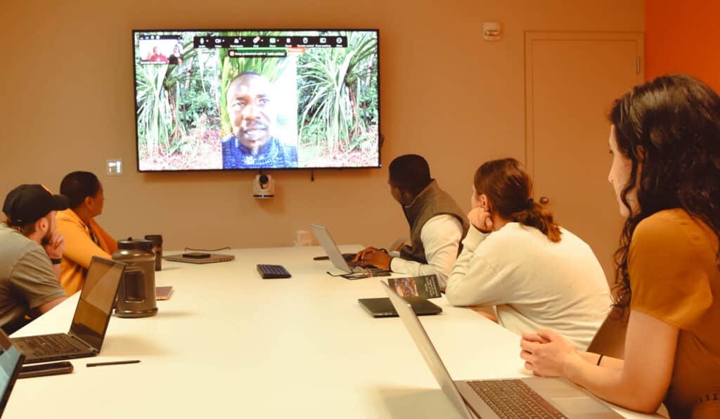 Students on Zoom in International social work class