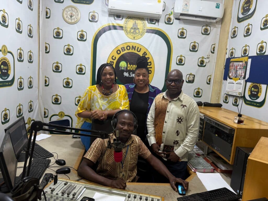 Live radio interview at GBC Obonu 96.5 FM public radio station under the Ghana Broadcasting Corporation. One hour interview educating about Dementia.
Dr. Tiffany Washington (M), Mr. Venance Dey (R), Alzheimer’s Ghana CEO and Founder, and Adrianne D. Jones (L), Executive Director of SageNavigator, Inc. 

