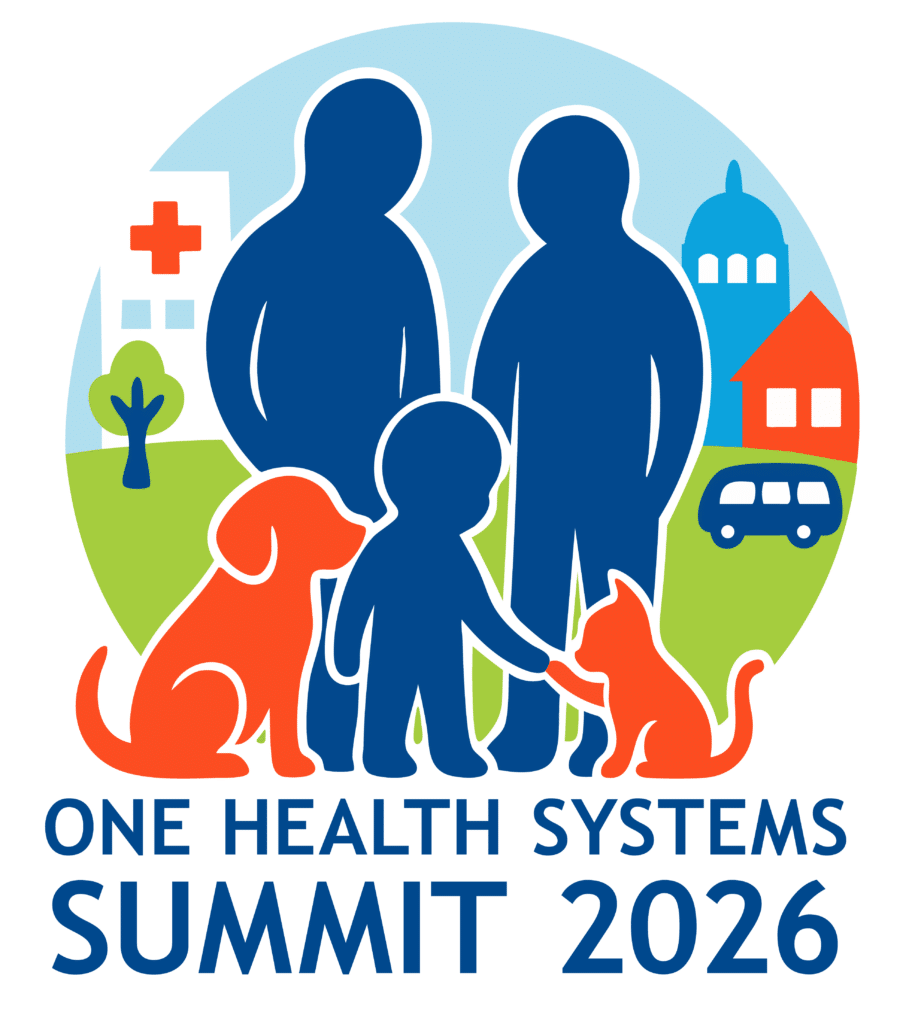 Logo for One Health Systems Summit 2026, featuring silhouettes of two adults, a child, a dog, and a cat, along with a hospital, community buildings, and nature elements within a circular design.