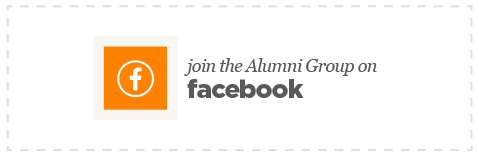 orange facebook logo next to words stating Join the alumni group on facebook